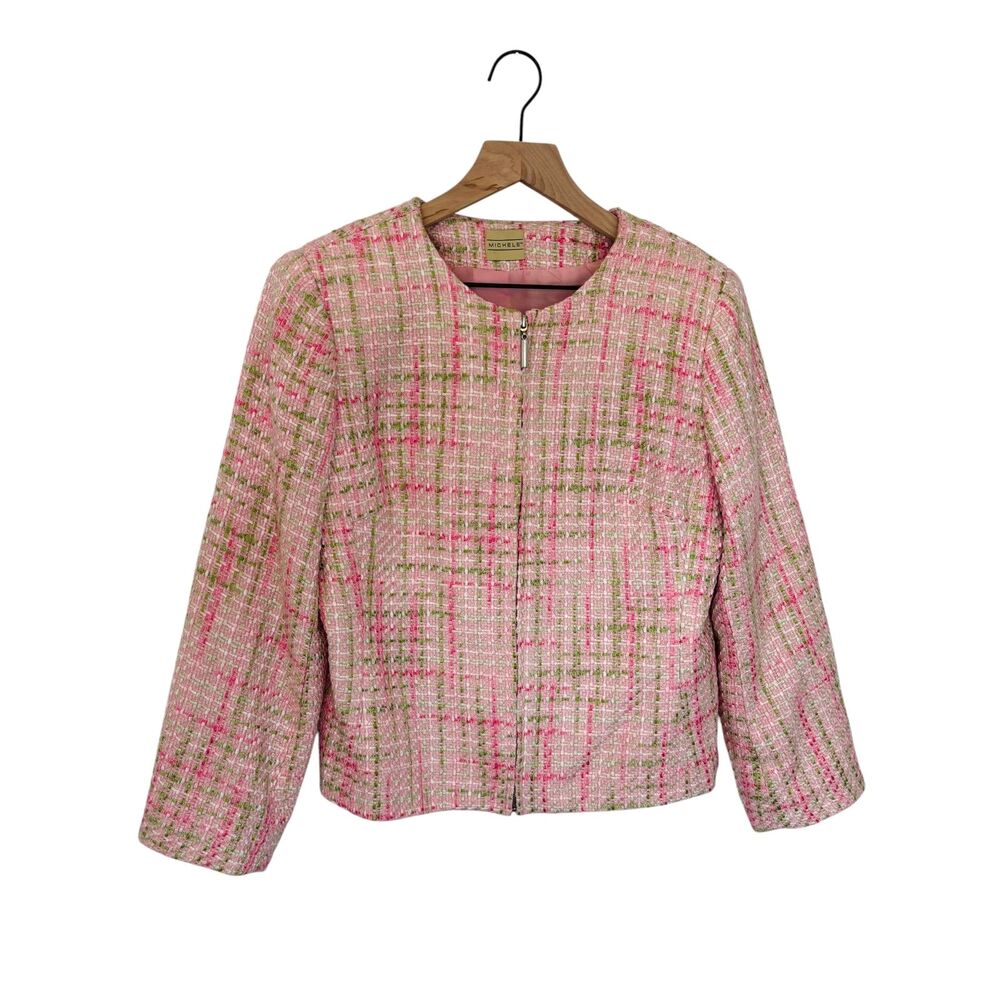 Michele Pink Green White Plaid Striped Tweed Zip-Front Jacket Blazer Size S